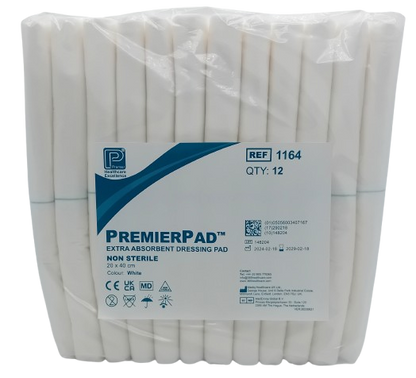 Premier Non-Sterile Dressing Pads 20cm x 40cm - Pack of 12 - Highly Absorbent Wound Care