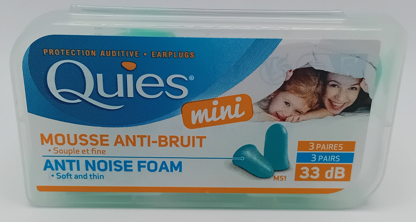 Quies Mini Anti Noise Foam EarPlugs - 6 Plugs (3 Pairs) - Comfortable & Effective