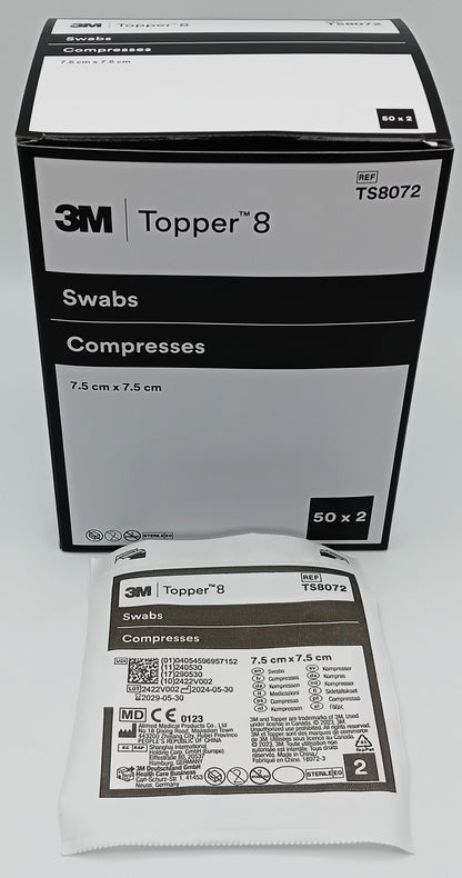 Topper 8 Swabs 7.5cm x 7.5cm - Box of 50 - Soft and Absorbent for Gentle Wound Care